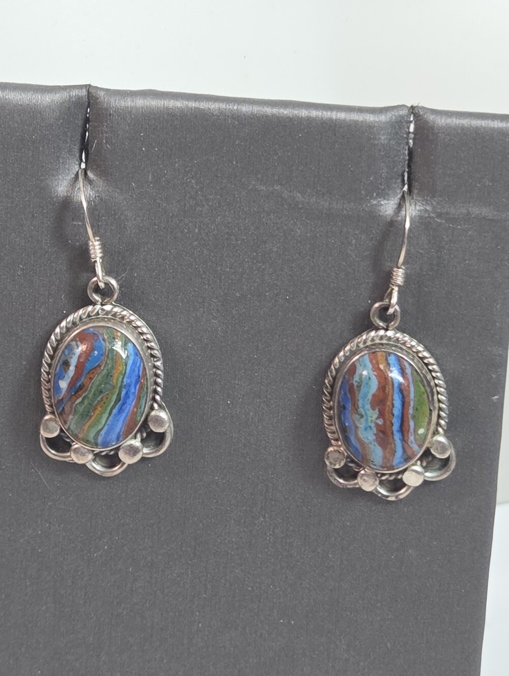 rainbow casilica oval french hoop sterling silver pierced earrings colorful blue